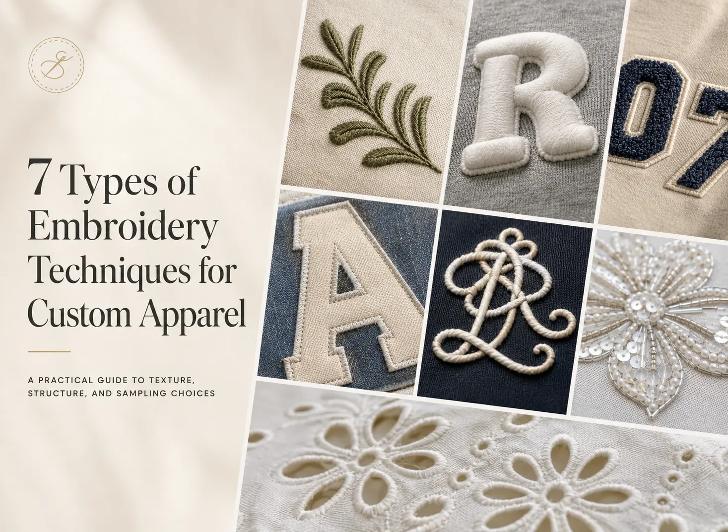 Seven embroidery techniques for custom apparel including chenille, appliqué, 3D foam, cording and cutwork